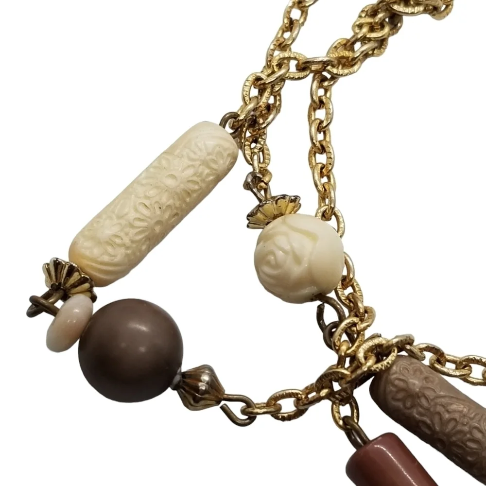 VINTAGE LAYERED GOLDTONED & NEUTRAL MIXED BEAD BOHO NECKLACE
